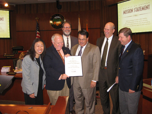 Supervisor Janet Nguyen, Board Chairman Bill Campbell, Vice Chairman John M.W. Moorlach, Supervisor Shawn Nelson, LPA President Dan Heinfeld, and OC Parks Manager Mark Denny.